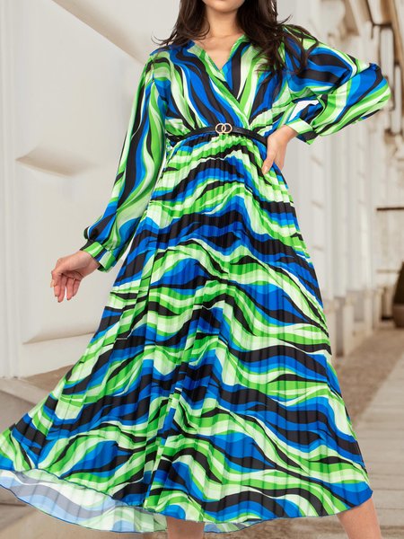 

Women Color Block V Neck Long Sleeve Comfy Boho Maxi Dress, Navyblue, Maxi