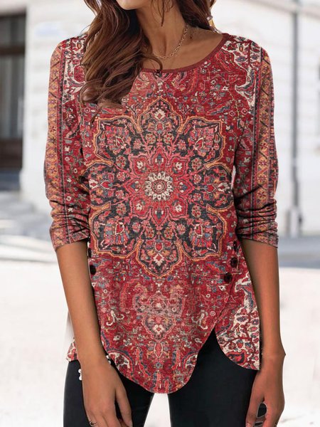 Ethnic Loose Casual Crew Neck Shirt, Red, Shirts & Blouses