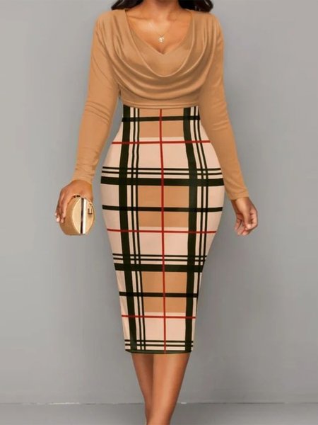 

Plaid Long Sleeve Urban Midi Dress With No Belt, Khaki, Midi Dresses