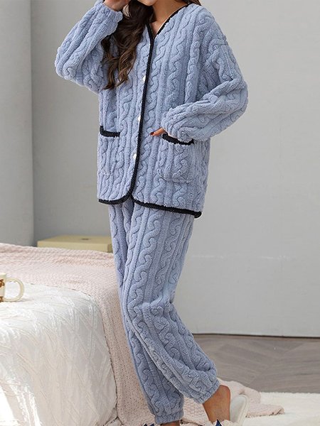 

Plain Casual Fluff/Granular Fleece Fabric Two-Piece Set, Blue, Suit Set