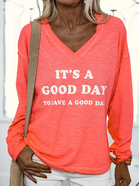 

V Neck Regular Fit Casual Text Letters Shirt, Orange, Shirts & Blouses