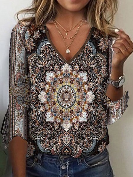 

Knitted Casual V Neck Loose Ethnic T-Shirt, Brown, T-Shirts