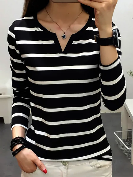 

Women Striped Notched Casual Long Sleeve T-shirt, Black, Tees & T-shirts