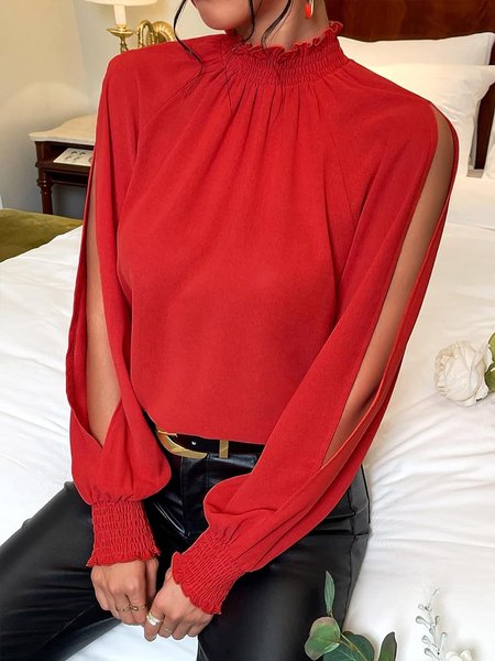 

Plain Lotus Leaf Collar Elegant Regular Fit Shirt, Red, Blouses and Shirts