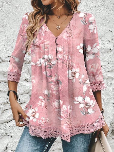 

Floral Elegant Lace Loose Shirt, Pink, Shirts & Blouses