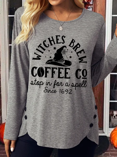 

Women's Witches Brew Coffee Co Stop In For A Spell Since 1692 Printed Casual Crew Neck Regular Fit Cotton-Blend Shirt, Gray, Long sleeves