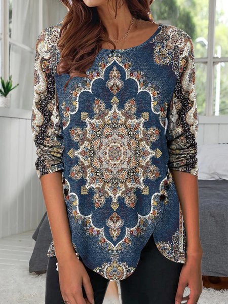 

Ethnic Casual Loose Crew Neck Shirt, Blue, Shirts & Blouses