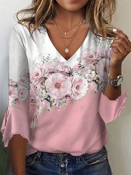 

Casual V Neck Knitted Loose Floral Shirt, Pink, Shirts & Blouses