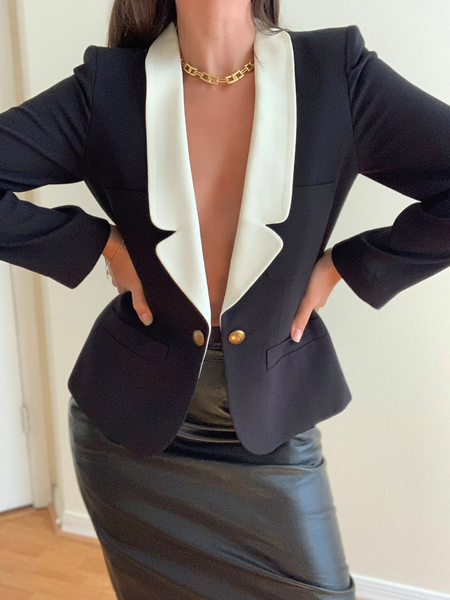 

Urban Lapel Collar Long Sleeve Loose Color Block Blazer, Black-white, Blazers