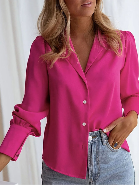

Lapel Collar Casual Plain Blouse, Rose red, Shirts & Blouses