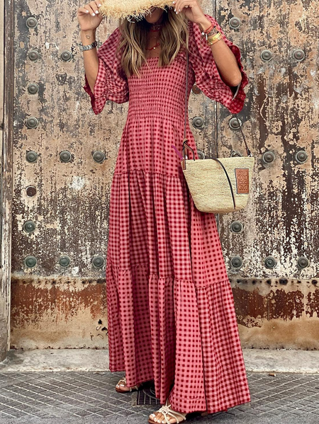 

Regular Fit Square Neck Plaid Casual Dress, Red, Dresses