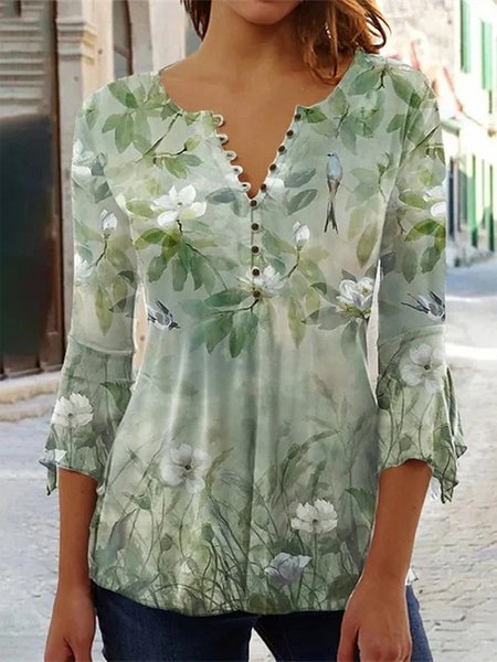

Loose Notched Casual Leaf Shirt, Green, Shirts & Blouses