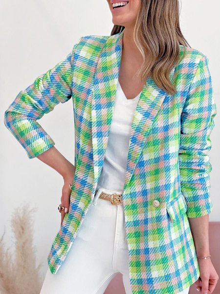 

Plaid Buckle Casual Loose Blazer, Blue, Blazers