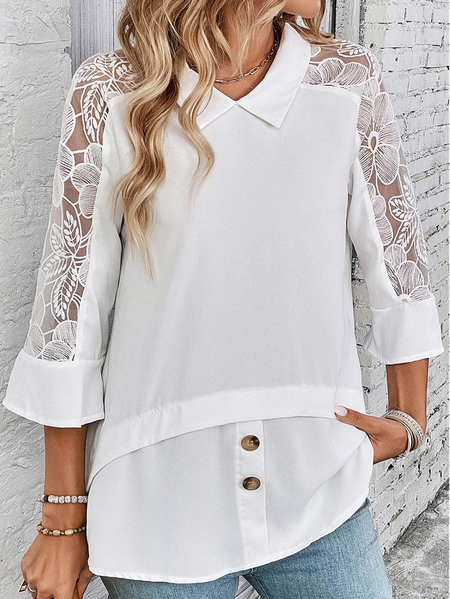 

Casual Loose Flare Sleeve Lace Shirt, White, Shirts & Blouses