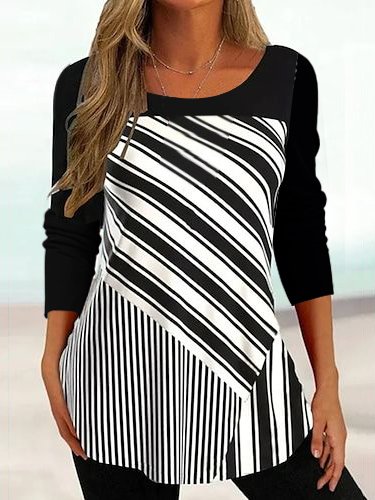 

Crew Neck Casual Color Block Knitted Shirt, Black, Shirts & Blouses