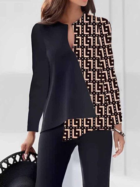 

V Neck Geometric Print Loose Urban Shirt, Black, Blouses and Shirts