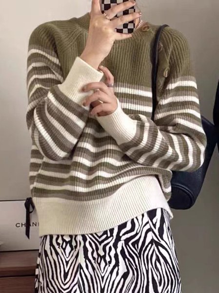 

Women Striped Long Sleeve Comfy Casual Buckle Sweater, Green, Sweaters
