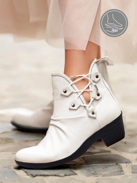 

White Leather Vintage Western Cross Lace Up Cowboy Block Heel Boots, Boots