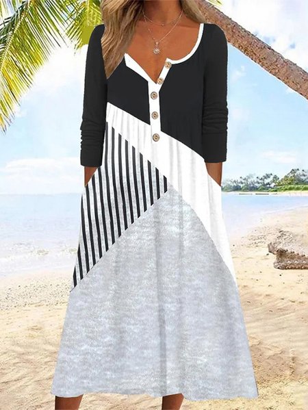 

Casual Loose Crew Neck Geometric Dress, Black-grey, Maxi Dresses