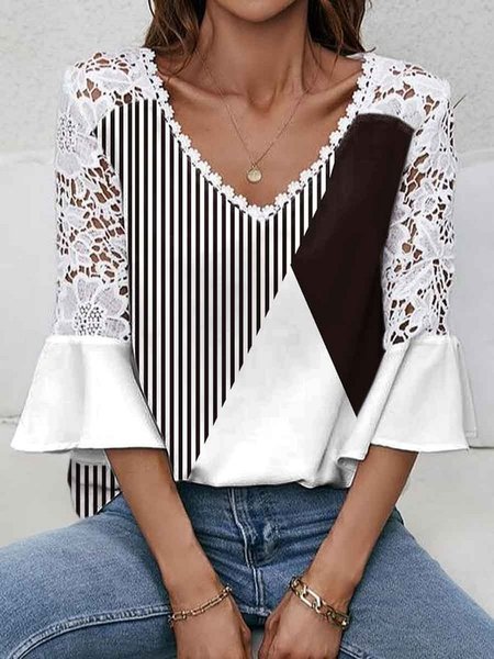 

V Neck Urban Loose Geometric T-Shirt, As picture, T-Shirts