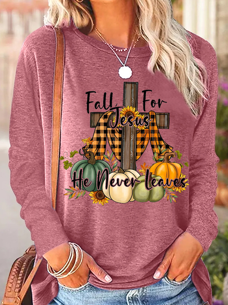 

Women's Fall For Jesus He Never Leaves Casual Halloween Cotton-Blend Regular Fit Shirt, Pink, Long sleeves