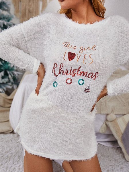 

Women Text Letters Crew Neck Long Sleeve Comfy Casual Short Sweater Dress, White, Sweater Dresses