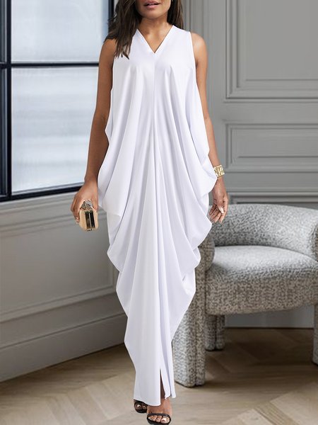 

Daily Plain Elegant V Neck Regular Fit Dress, White, Maxi Dresses