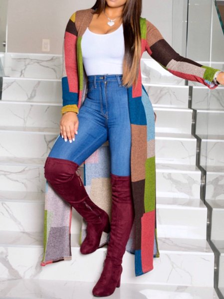 

Casual Color Block Printing Loose Trench Coat, Multicolor, Trench Coats