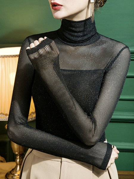

Turtleneck Regular Fit Elegant Plain T-Shirt, Black, Tees