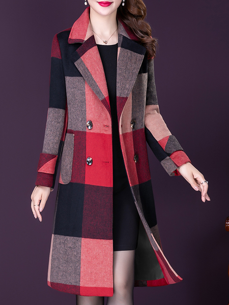 

Casual Plaid Regular Fit Shawl Collar Coat, Red, Trench Coats