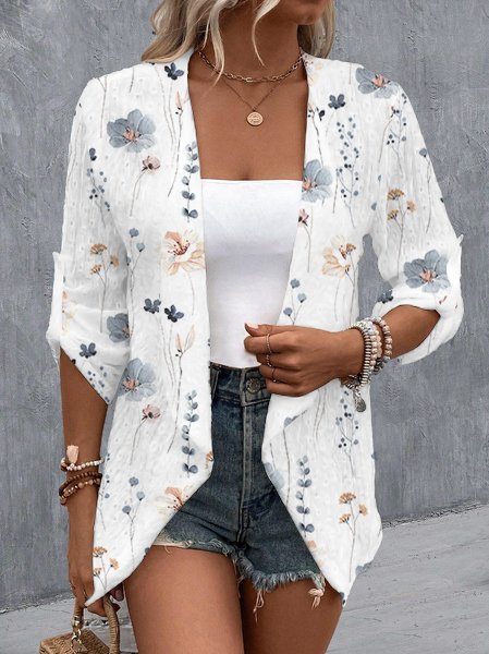 Floral Knitted Casual Kimono, White, Cardigans