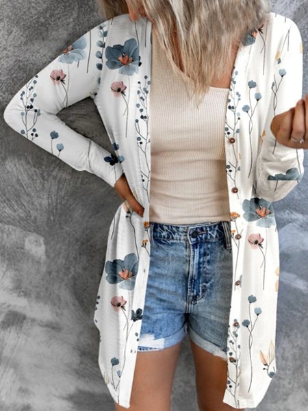 

Loose Floral V Neck Casual Kimono, White, Cardigans