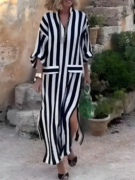 

V Neck Casual Striped Dress, Black, Dresses