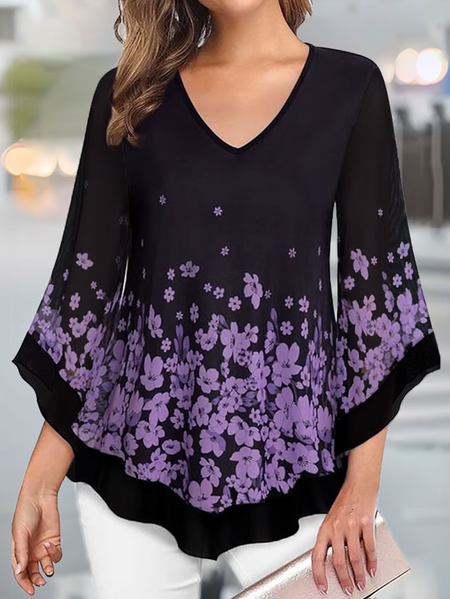 

Casual Floral V Neck Loose Shirt, Black, Shirts & Blouses