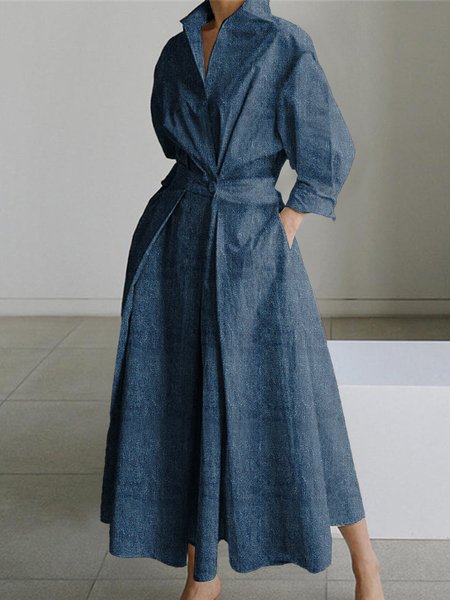 

Urban Stand Collar Denim Dress With No Belt, Blue, Maxi Dresses