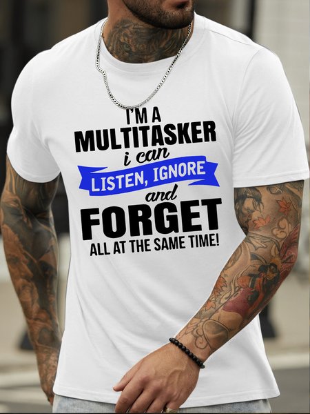

Men’s I'm A Multitasker Crew Neck Text Letters Regular Fit Casual T-Shirt, White, T-shirts