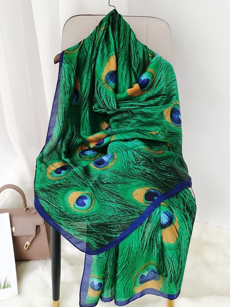 

Turquoise Peacock Feather Graphic Tulle Silk Scarf Shawl, Green, Women Scarves & Shawls
