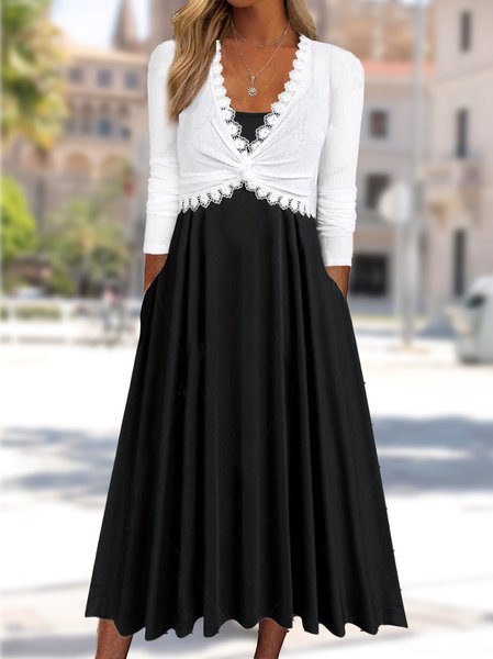 

Casual Plain V Neck Regular Fit Lace Dress, Black, Dresses