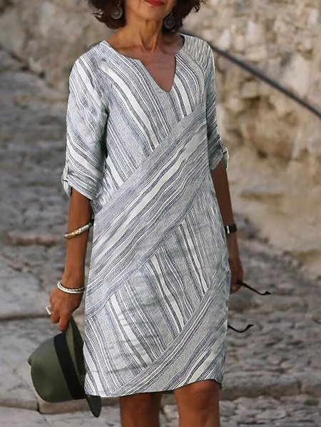

V Neck Geometric Casual Loose Dress, Gray, Dresses
