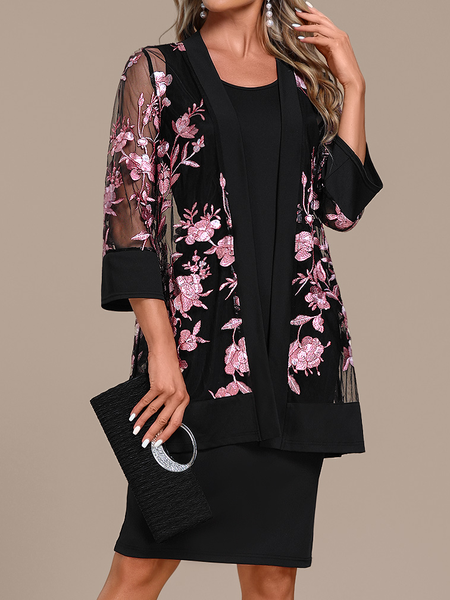 Elegant Crew Neck Plain Loose Two-Piece Set, Black, Suit Set