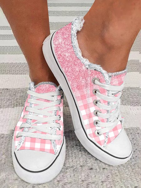 

Gillter Plaid Pattern Fringe Lace-Up Canvas Shoes, Pink, Sneakers