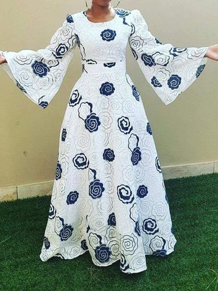 

Crew Neck Long Sleeve Regular Fit Elegant Floral Maxi Dress, White, Maxi Dresses