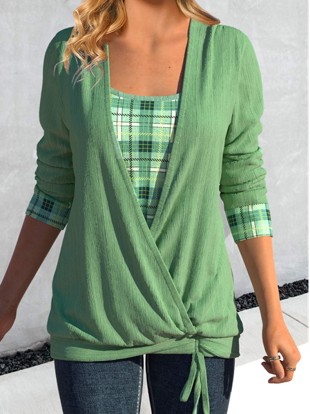 Casual Plaid Crew Neck Loose T-Shirt, Green, T-Shirts