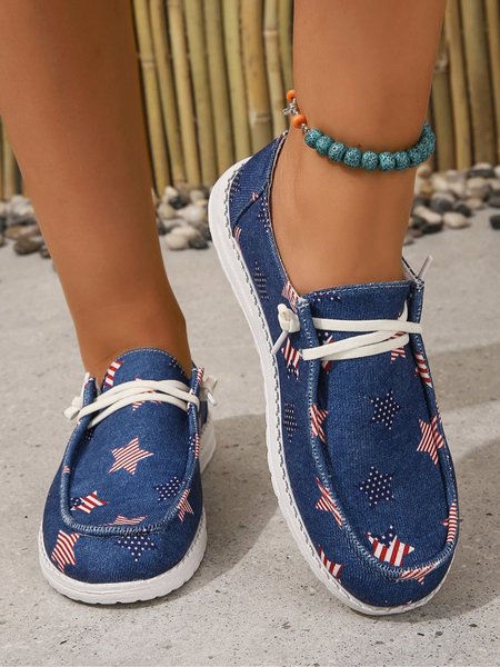 Independence Day Denim Blue Flag Stars Graphic Casual Boat Shoes Flats, Flats