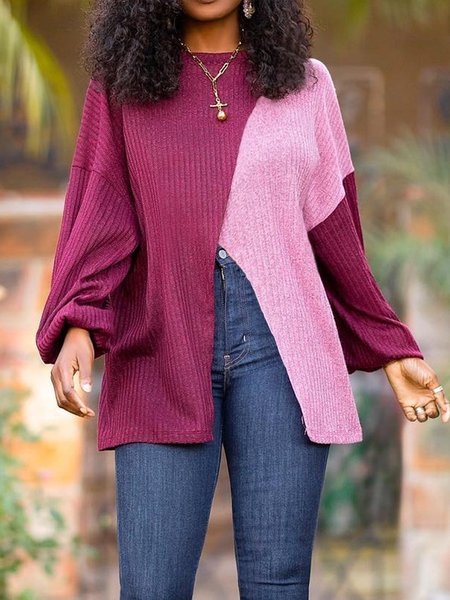 

Crew Neck Contrast Stitching Loose Casual Shirt, Red, Blouses and Shirts