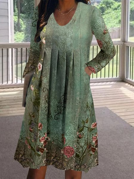 

Casual Loose Floral Dress, Green, Dresses