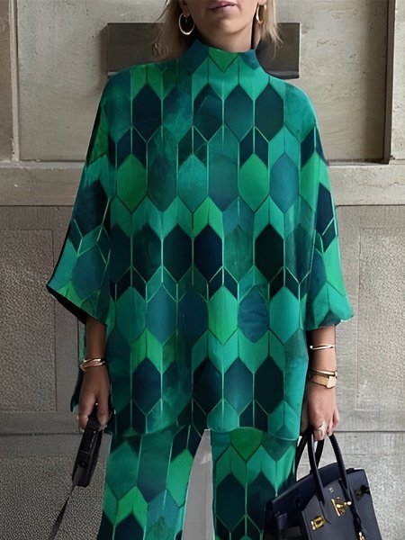 

Urban Abstract Graphic Loose Half Turtleneck Shirt, Green, Blouses and Shirts