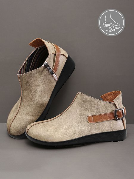 

Khaki Leather Buckle Panel Retro Casual Ankle Boots, Boots
