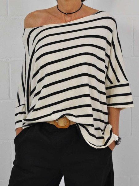 Loose Casual Cold Shoulder Striped T-Shirt, Black-white, Tees