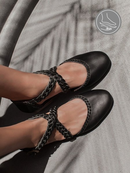 

Vintage Bohemian Black Woven Cross Strap Flats, Flats